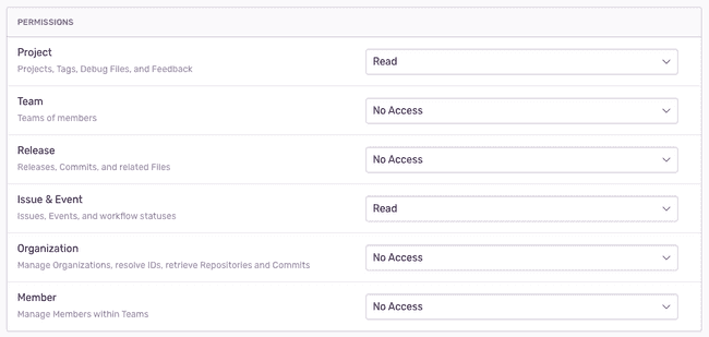 a list of permissions on the Sentry UI with projects and issues set to Read