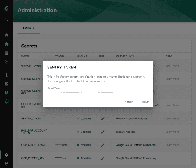 a dialog box with an input called Secret Value. The Sentry token is pasted inside.